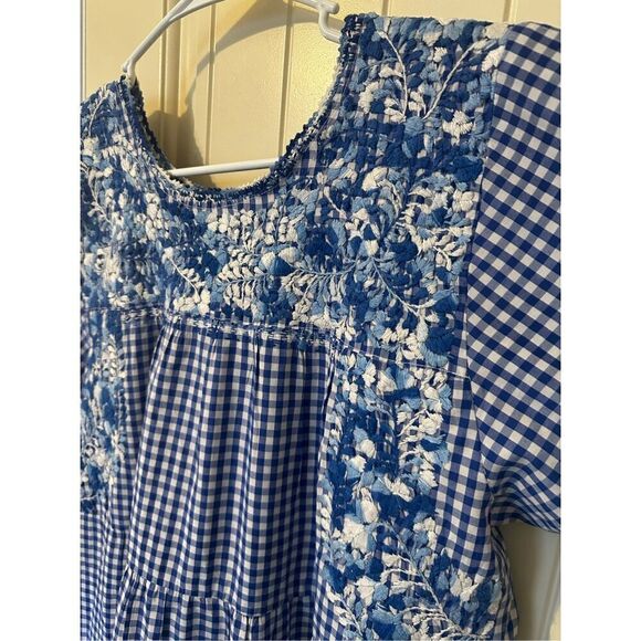 Margarita Mercantile Blue White Embroidered Gingham Tiered Midi Mexico Dress - Picture 7 of 13